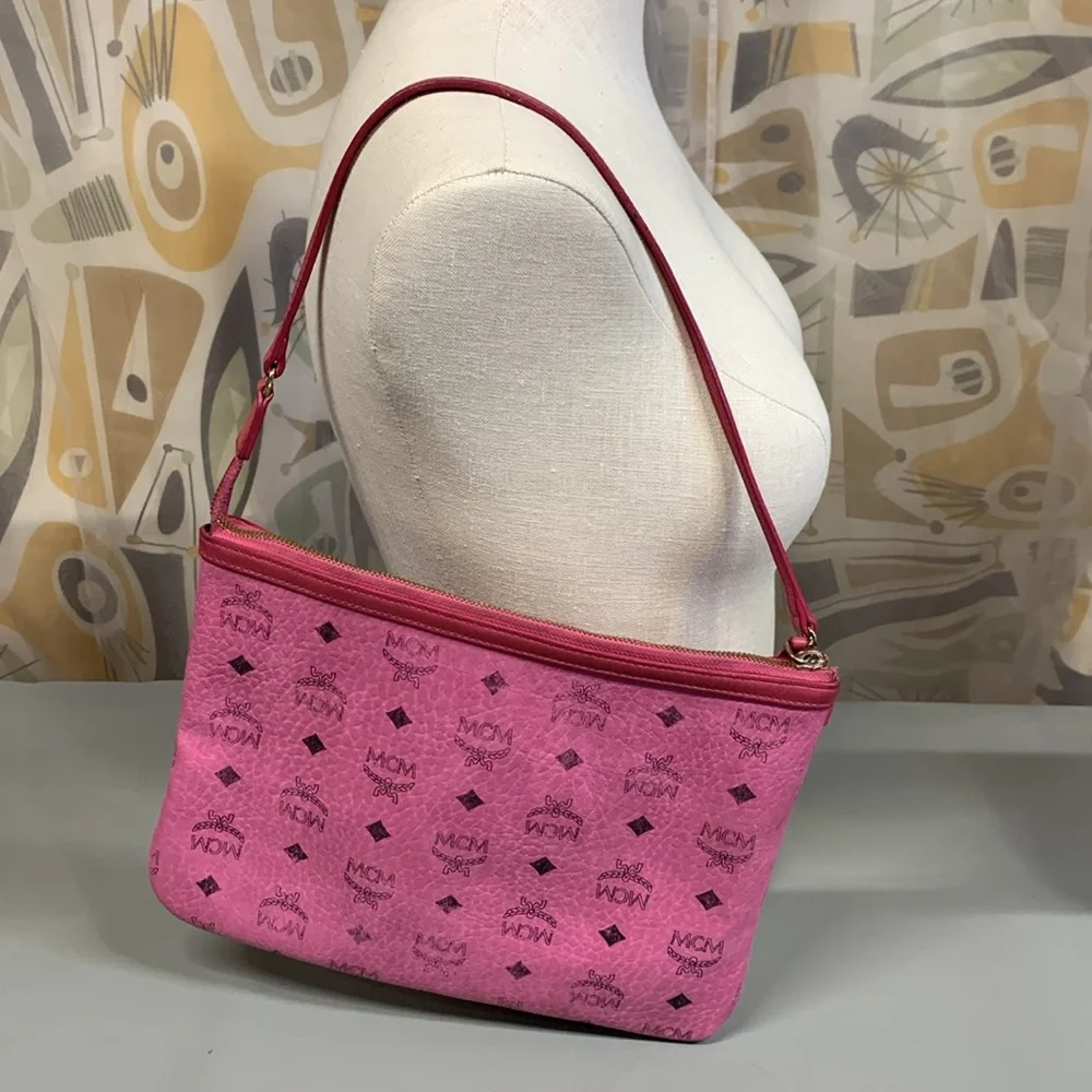 MCM Dark Pink Leather Visetos Large Pouchette Shoulder Bag Wristlet - Picture 11 of 12